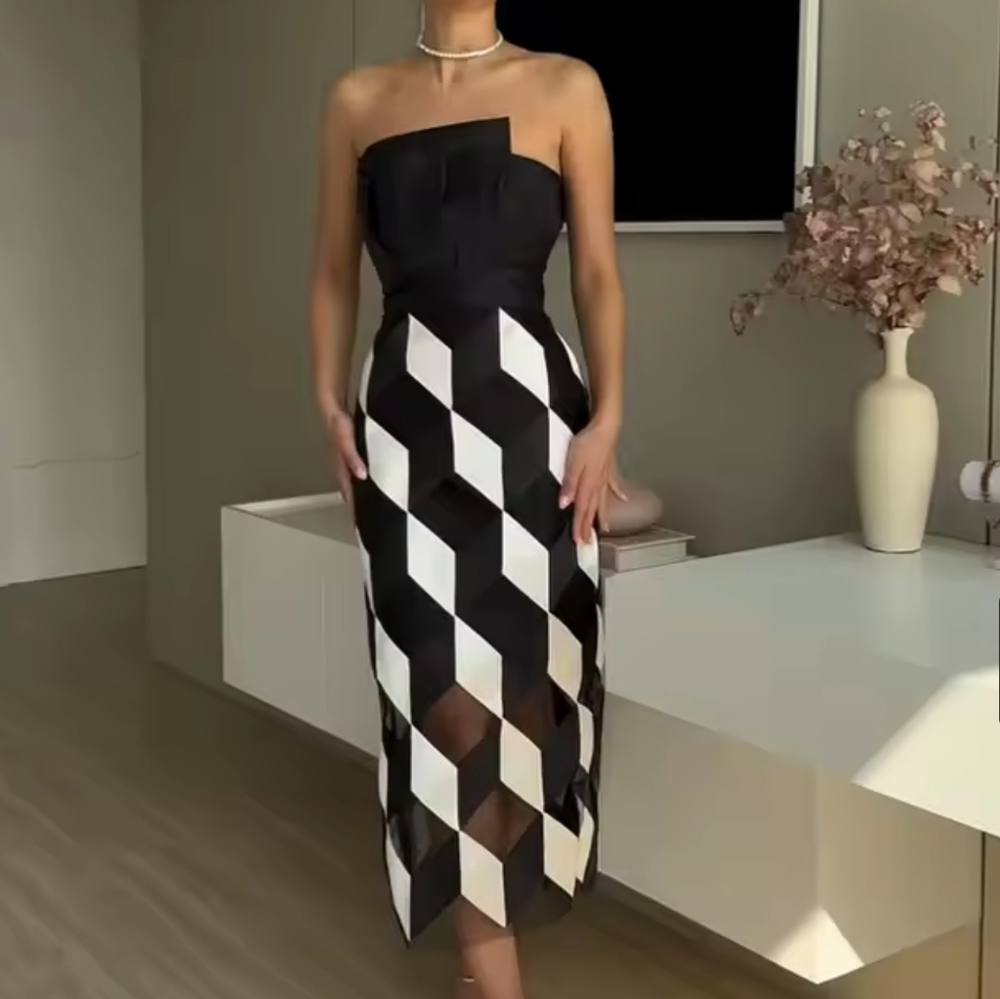 Midi Dress Women Fashion Sleeveless Tube Nipped Waist Contrast Multifaceted Prin - Picture 1 of 6